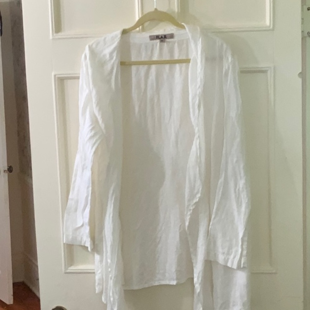 FLAX white long sleeve cover/wrap with shear shawl collar. Size medium
